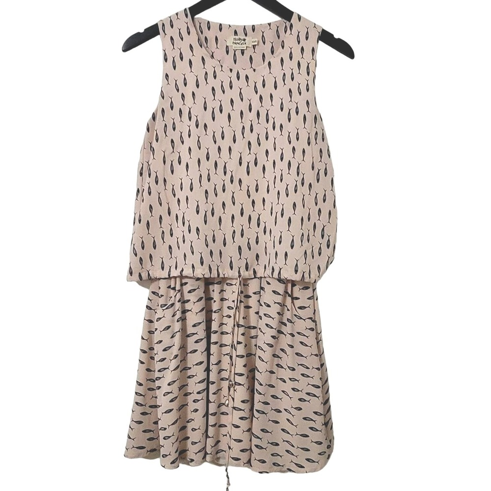 Molly Bracken Sleeveless Dress Pink Fish Sardine Coastal Layered Pockets XS/S